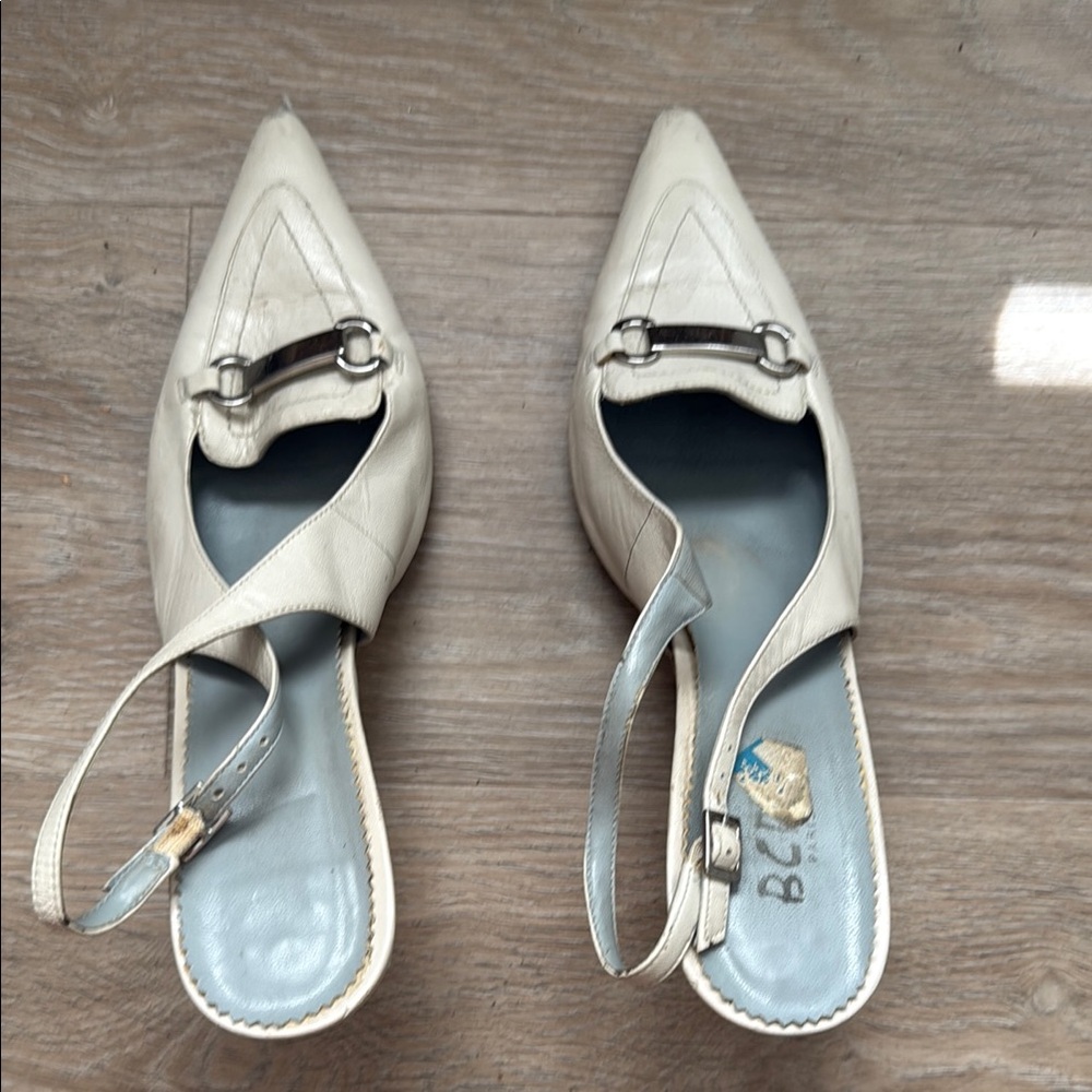 BCBG Cream Mules with Pointed Toe and Embellishment